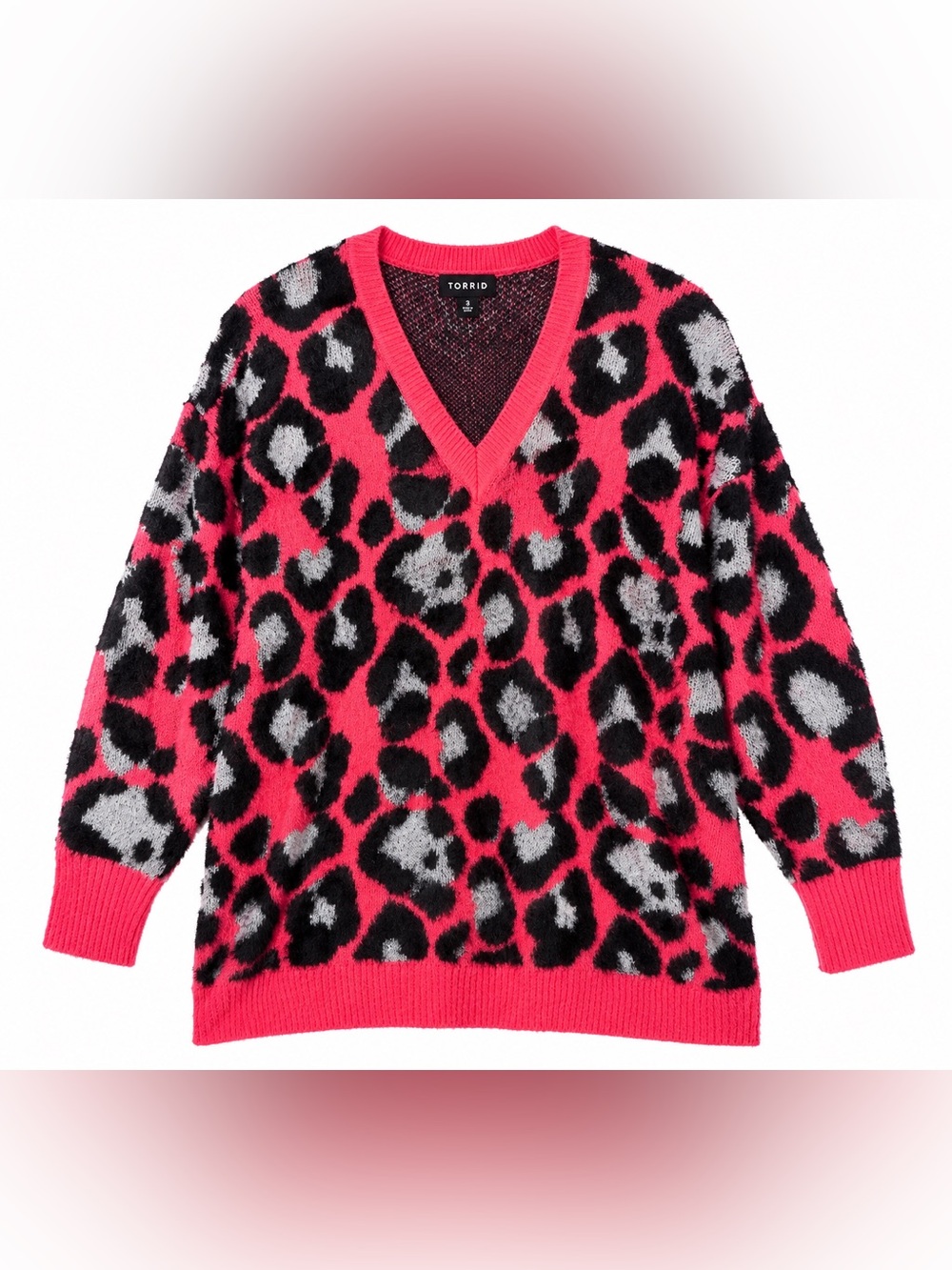 Torrid Neon Pink Leopard Print Fuzzy Sweater Size 3 Soft Eyelash Knit V-Neck - Picture 1 of 7